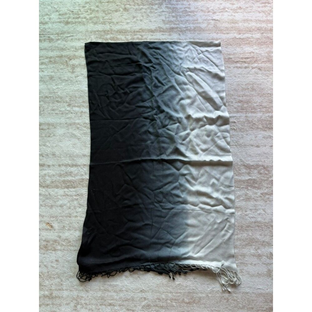 White House Black Market Ombre Scarf Wrap Shawl Black Gray White Fringe Rayon